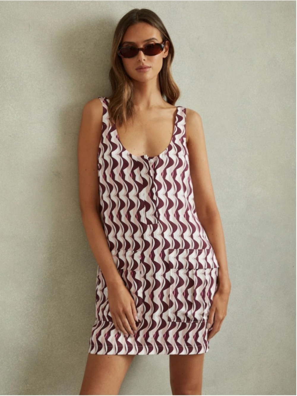 Women's REISS Burgundy White Geometric Sleeveless Mini Dress S/US 4